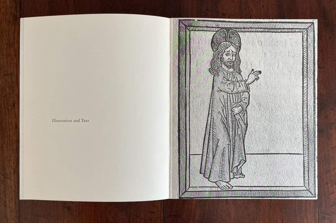 An open book displaying a vintage illustration of a figure with long hair and a robe standing in a frame, on the opposite page is a simple text labeled 'Illustration and Text'.