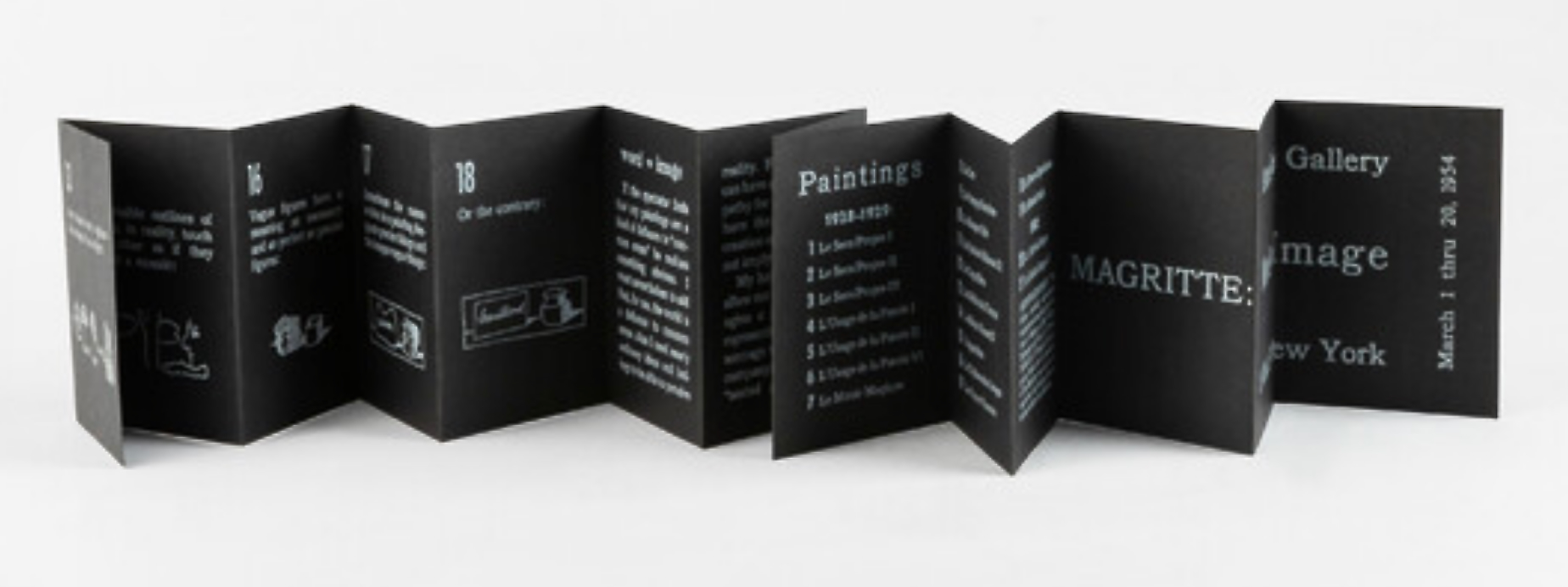 A folded pamphlet featuring text and images related to an exhibition of Magritte's paintings at a gallery in New York.