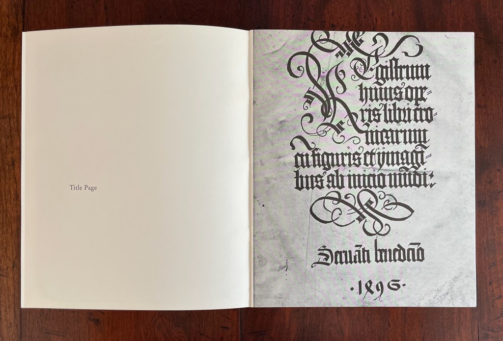 A spread of a book featuring a plain left page labeled 'Title Page' and a right page with intricate, stylized calligraphy dated 1896.