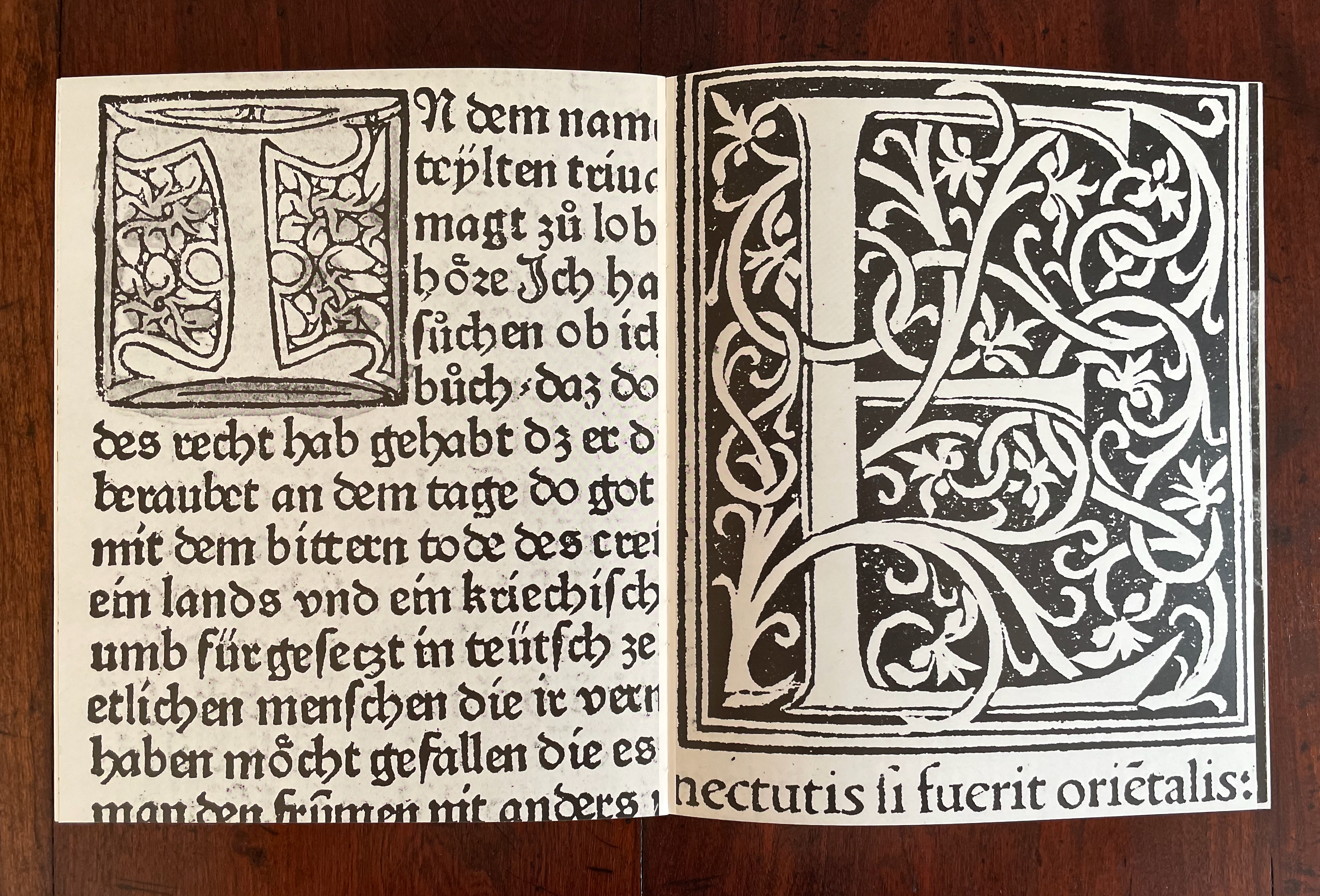 An open book page featuring decorative calligraphy and illustrations. The left page has a detailed initial letter and text in a Gothic script, while the right page displays a large ornate letter embellished with floral designs.