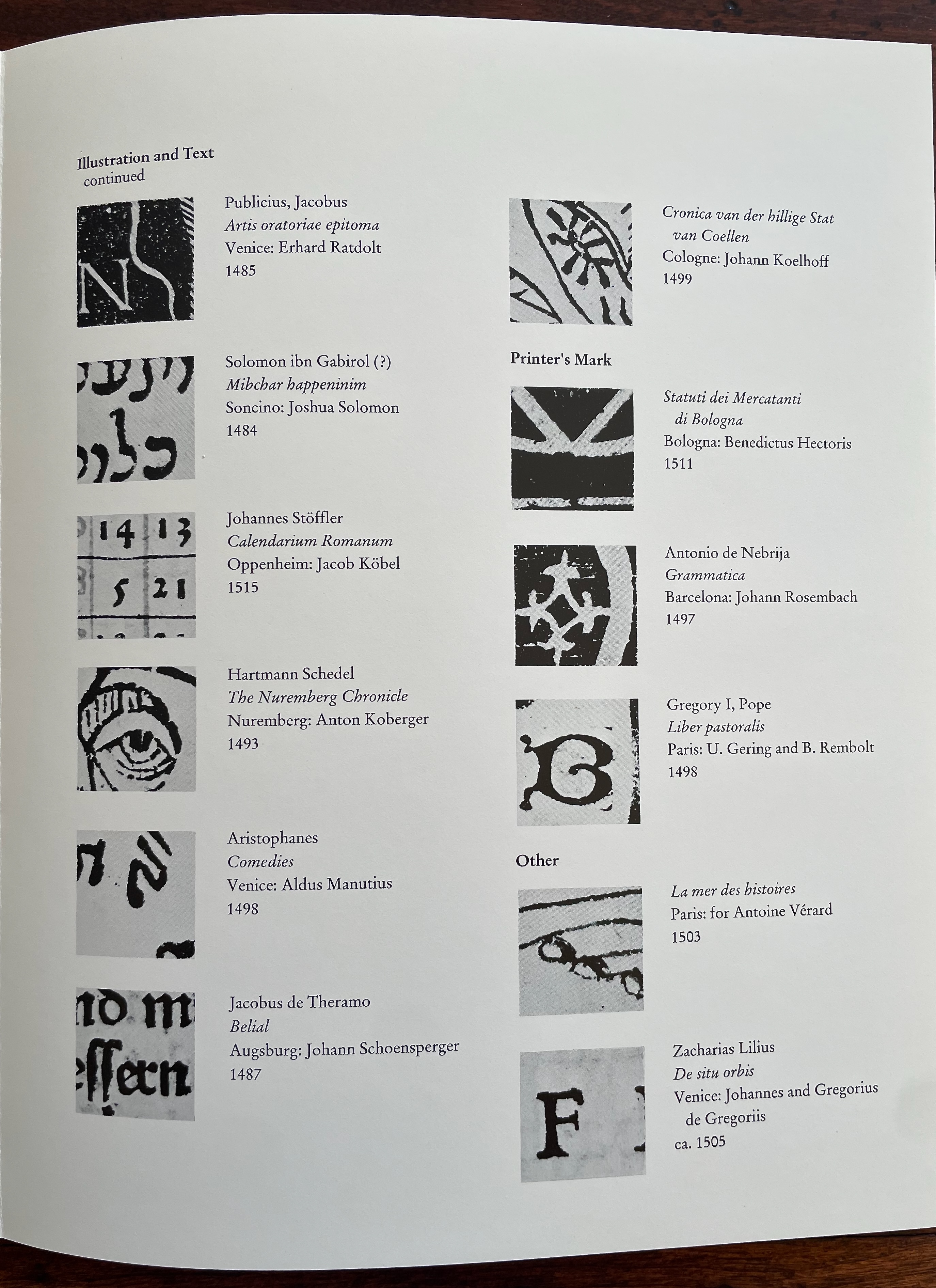 Illustration and text page showcasing various historical works and their details, including titles, authors, and publication information.
