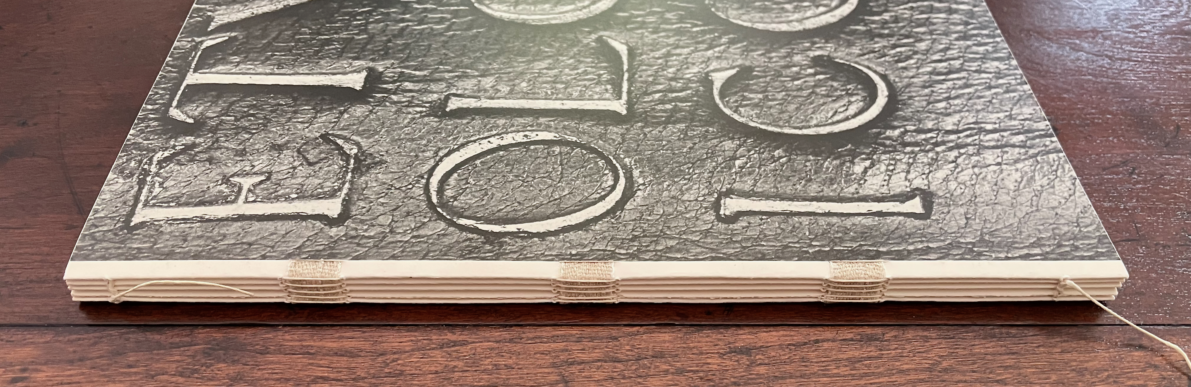 Close-up view of a textured bookcover with raised lettering and exposed binding, set on a wooden surface.