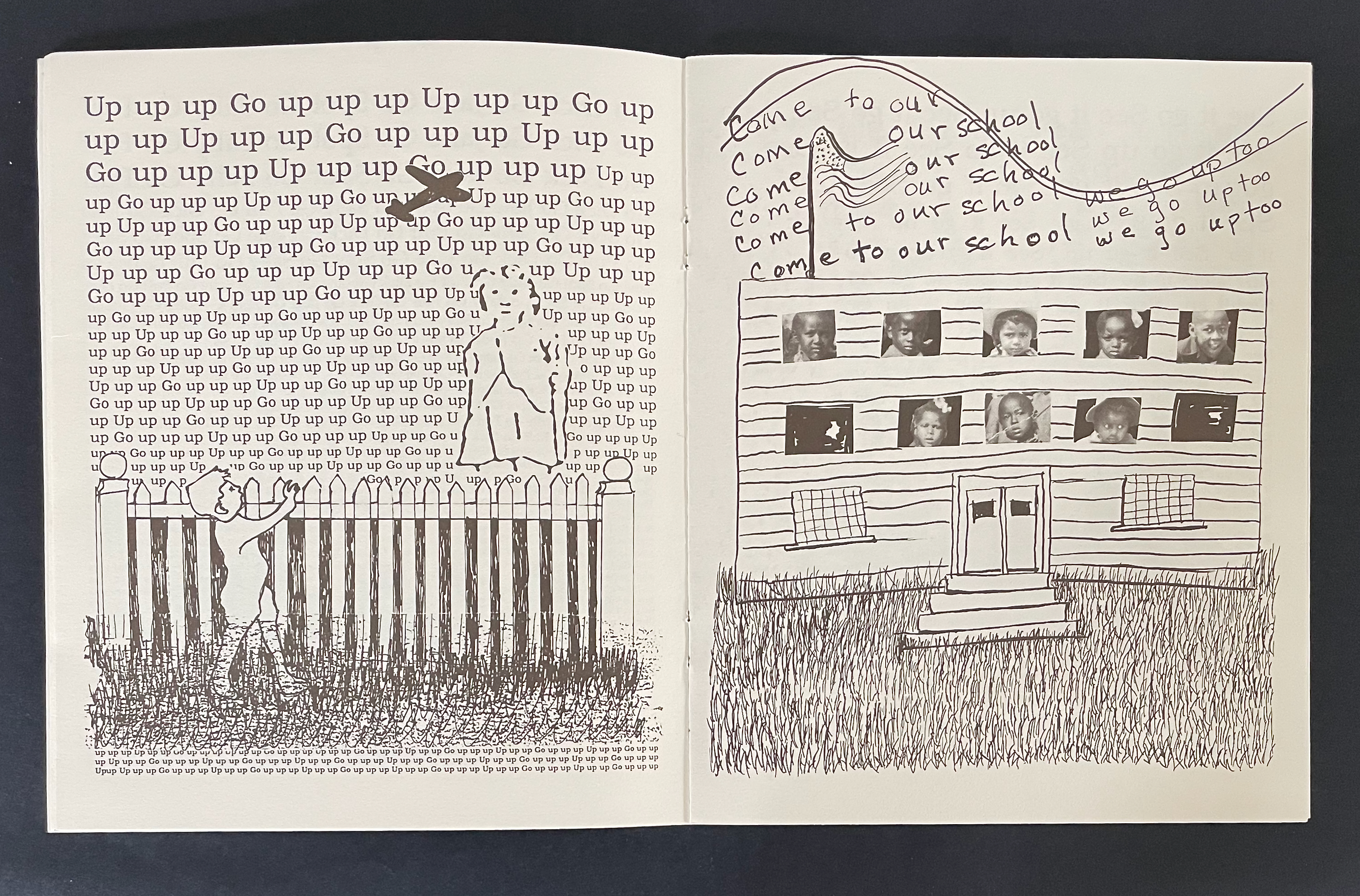 An illustrated page from a book featuring a child by a fence looking up at an aircraft, with repetitive text reading 'Up up up' and 'Go up'. The opposite page depicts a school building with images of children's faces in the windows and handwritten text inviting readers to 'come to our school'.