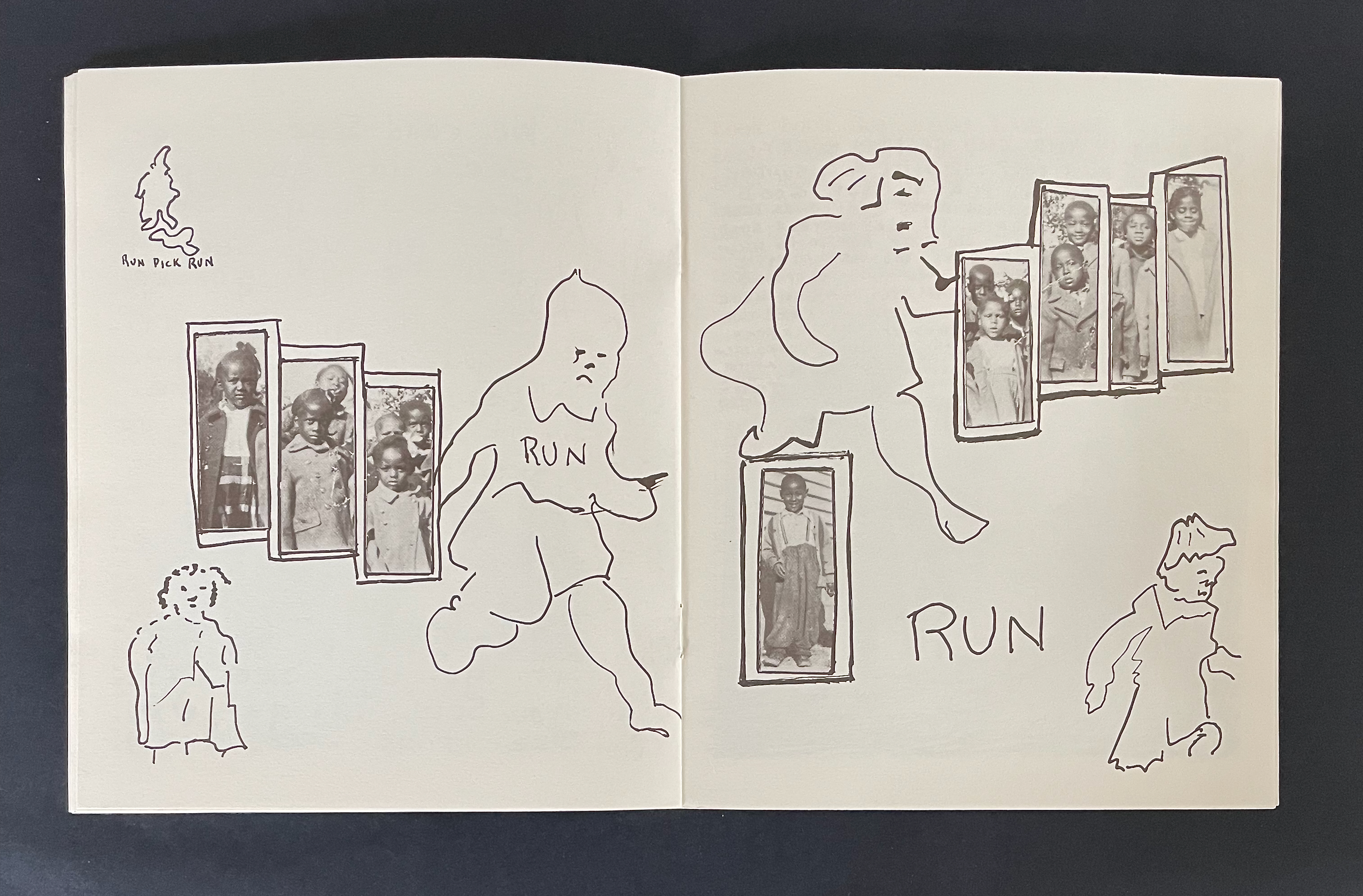 A stylized illustration featuring children running, combined with black-and-white photographs of children in a playful layout. The word 'RUN' is prominently displayed multiple times, creating a dynamic visual narrative.