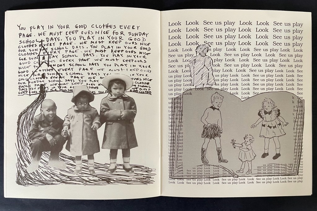 An illustrated page with children in vintage clothing, featuring handwritten text about playing in good clothes for Sunday school. The background contains repeated phrases 'Look' and 'See us play'.