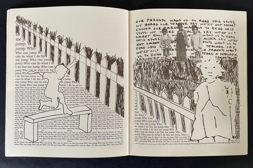 An illustrated open book page featuring a boy jumping on a bench with text surrounding him, including phrases about reading and parental expectations, alongside a sketch of three children in front of a fence.