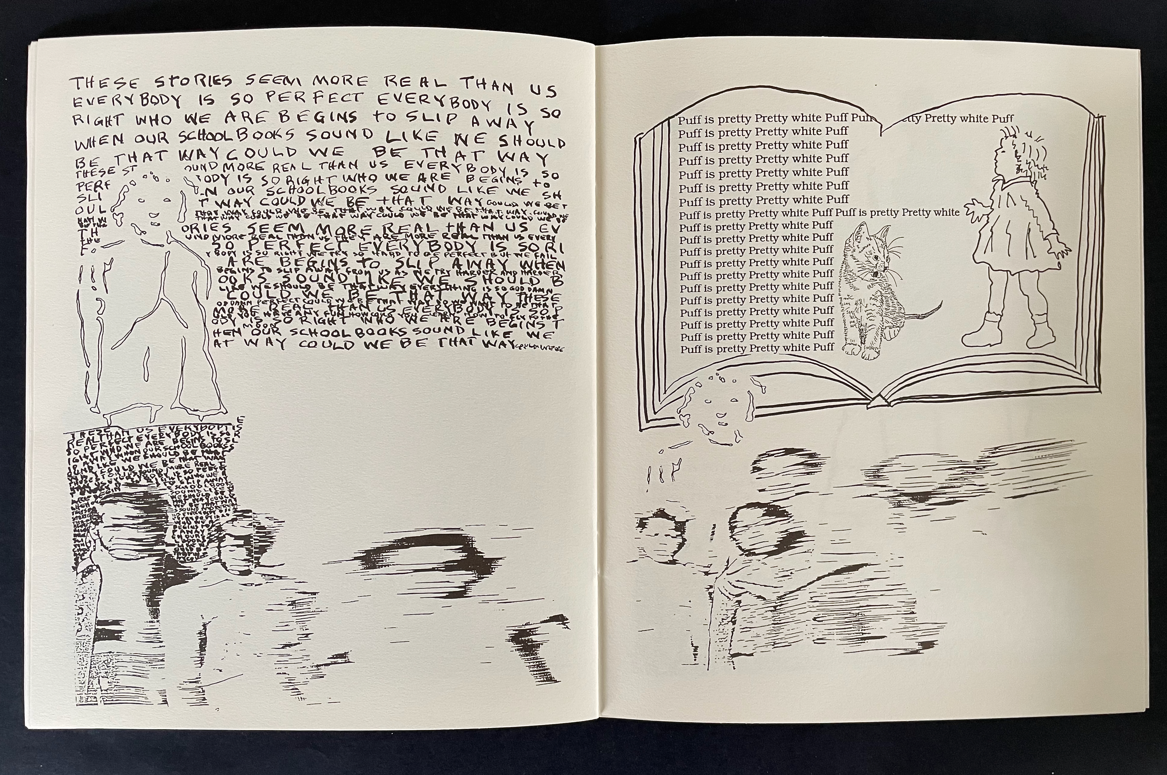 An open book with illustrated text repeating 'Puff is pretty white' alongside a girl and a cat, with abstract sketches and handwritten text discussing themes of reality and perception.