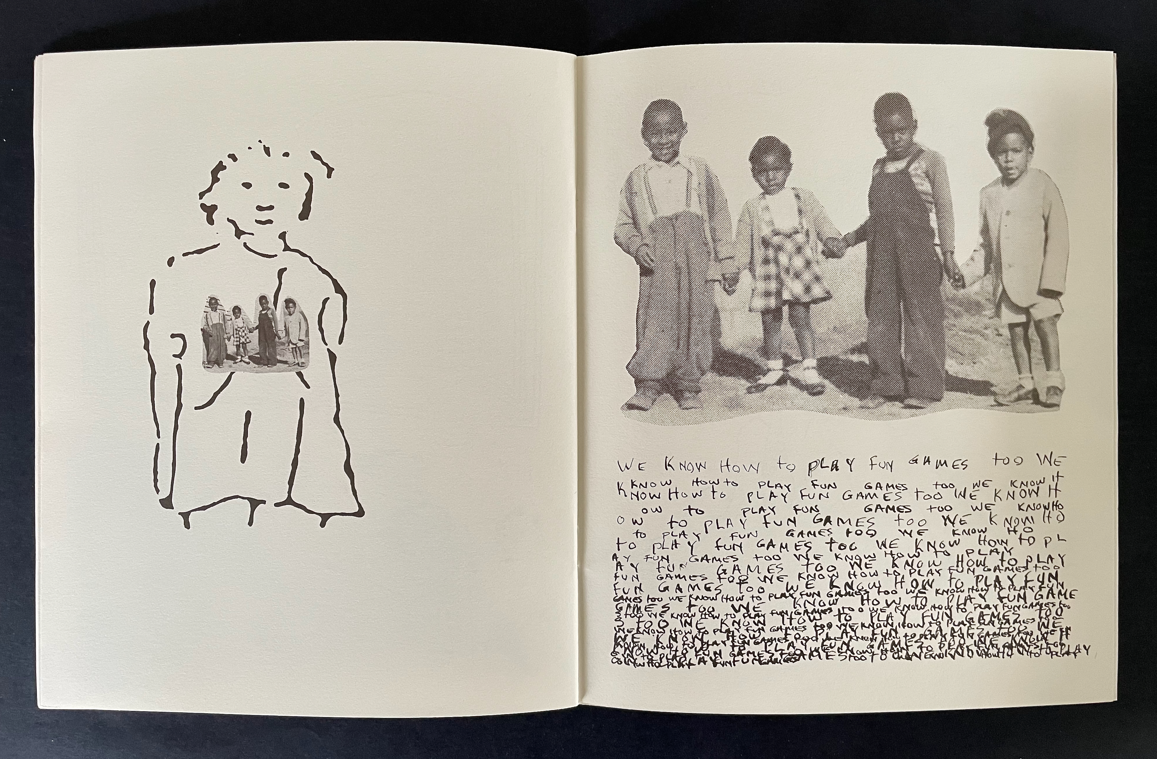 A page featuring a drawn outline of a child with a photograph of five children inside the outline, alongside handwritten text that repeats the phrase about knowing how to play fun games.
