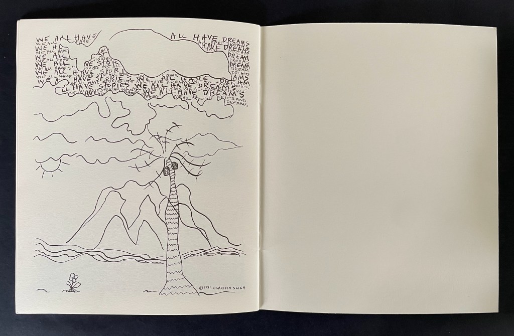 A hand-drawn illustration featuring a whimsical landscape with mountains, a stylized tree, a sun, and clouds. The background includes handwritten text about dreams, emphasizing the universal nature of dreaming. The image is in black and white on a light background.