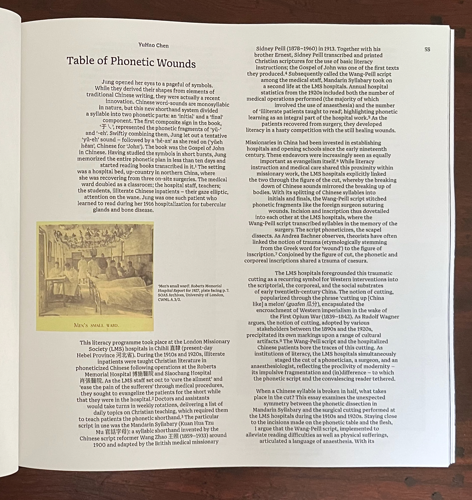 An academic page discussing the history of phonetic wounds and literacy programs at the London Missionary Society hospitals in early 20th century China, featuring a historical image captioned 'Men's small ward.'