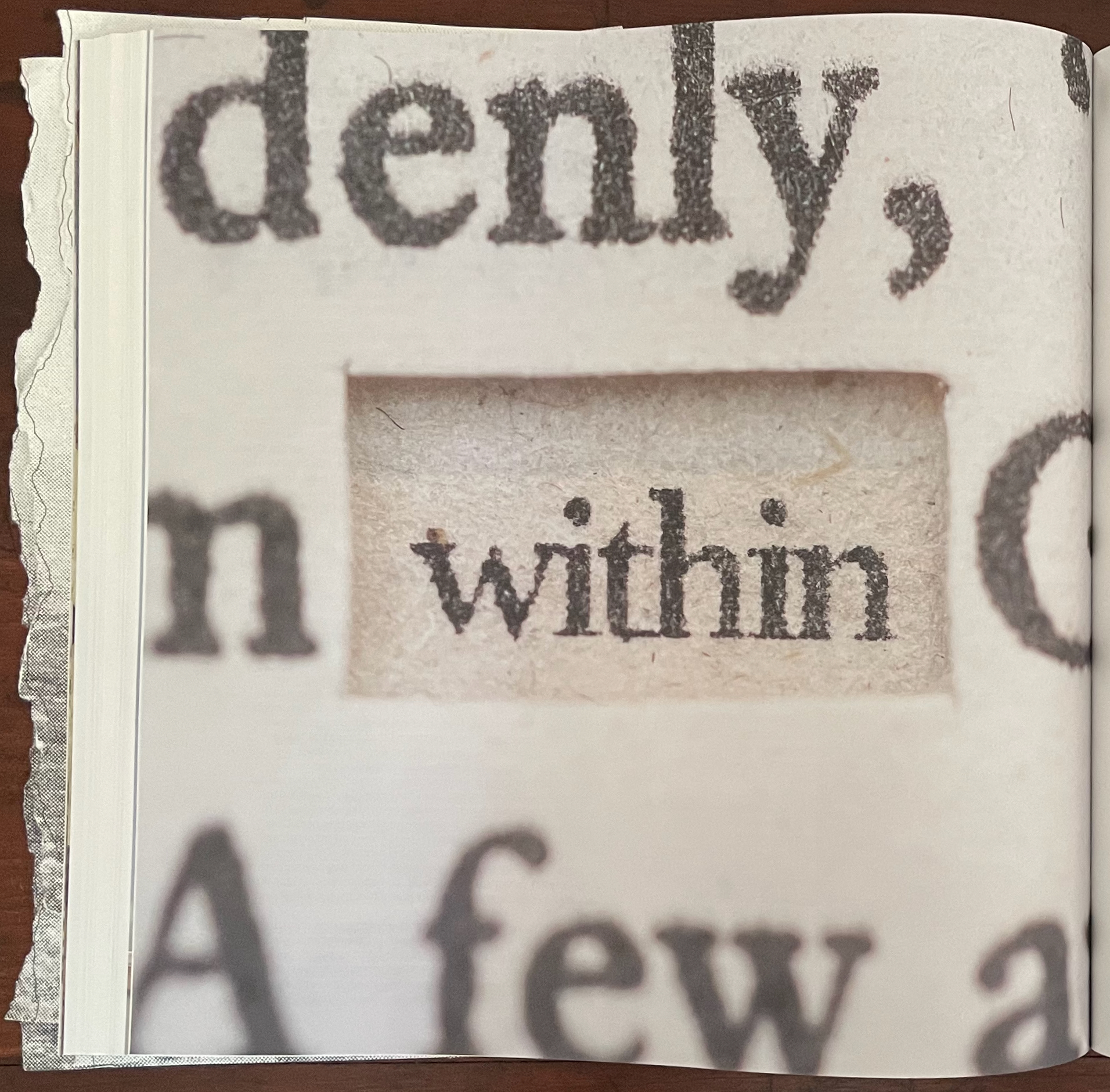 Close-up of a book page featuring the word 'within' highlighted among other printed text.