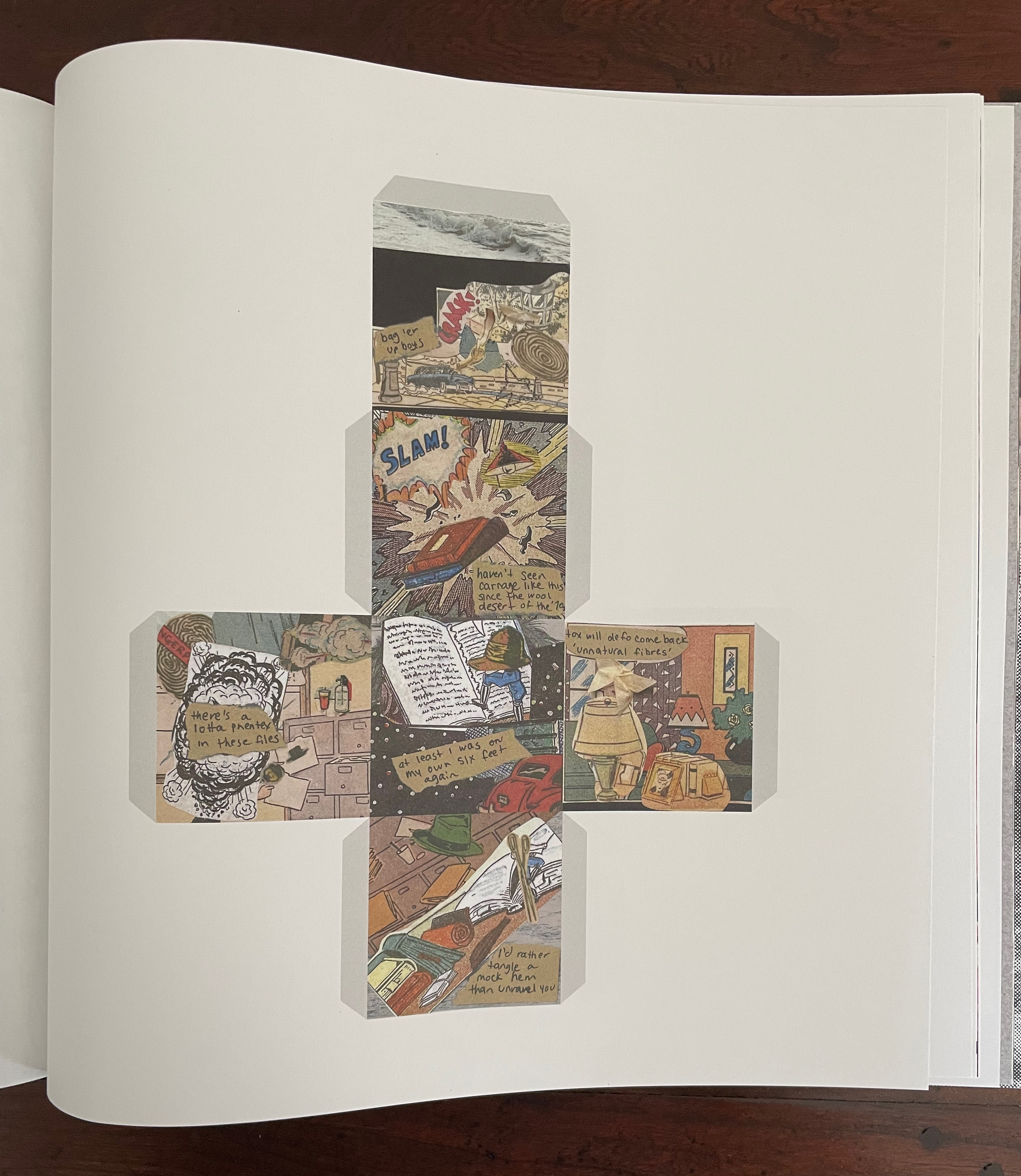 A visually striking illustration featuring a collage of diverse images and text, arranged in a cross-like pattern, showcasing themes of nature, literature, and personal reflections.