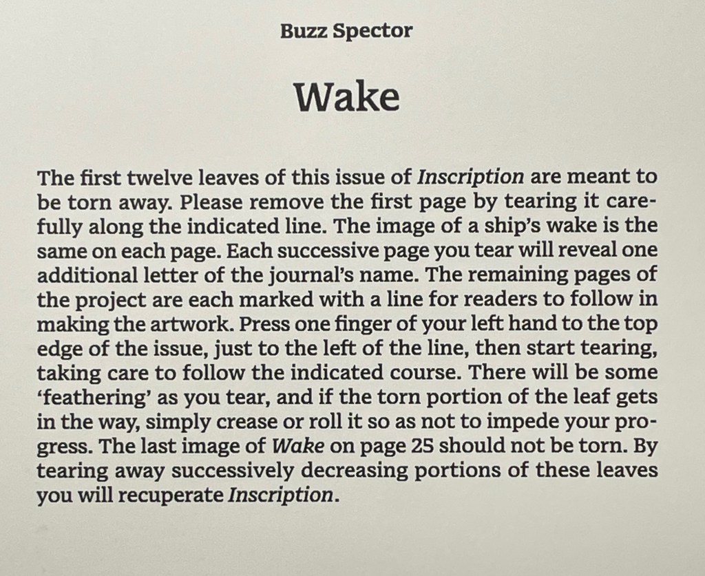 Instructions for tearing away the first twelve leaves of the journal 'Inscription,' emphasizing the image of a ship's wake and the process of revealing letters in the journal's name.