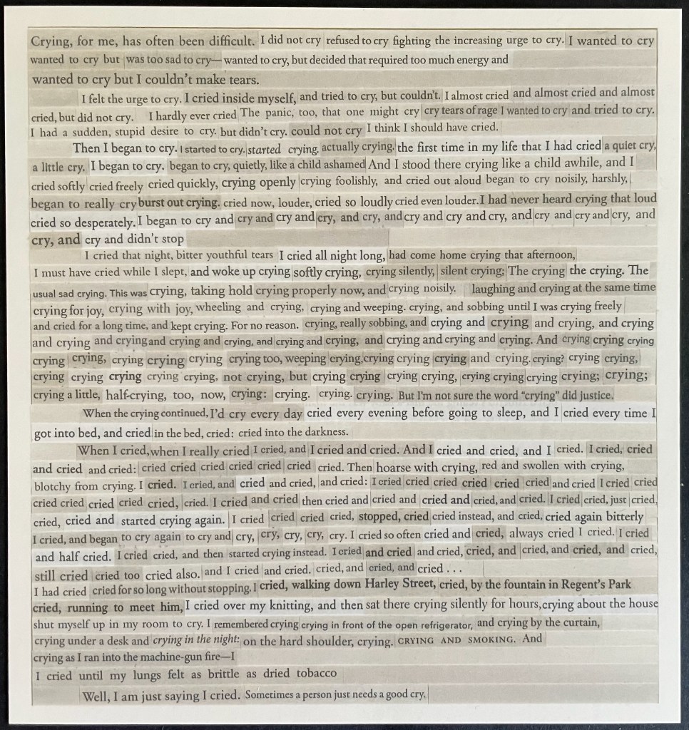 A printed page filled with text discussing the author's experiences and emotions related to crying, highlighting the difficulty and complexity of expressing emotions.