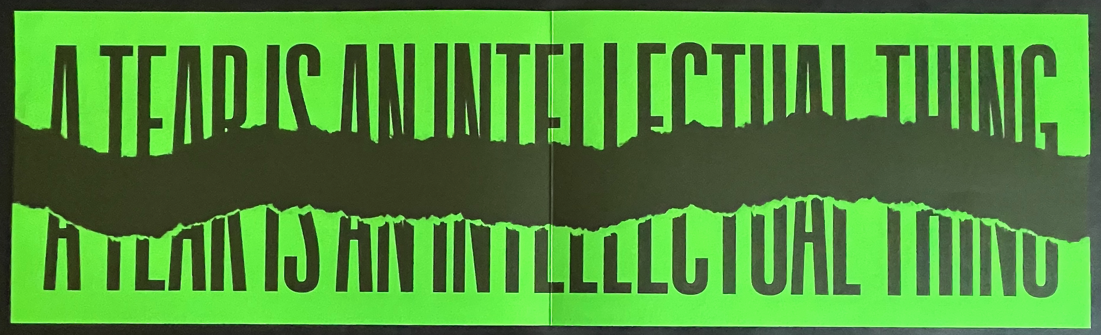 A split image featuring bold text that reads 'A TEAR IS AN INTELLECTUAL THING' in black on a bright green background.