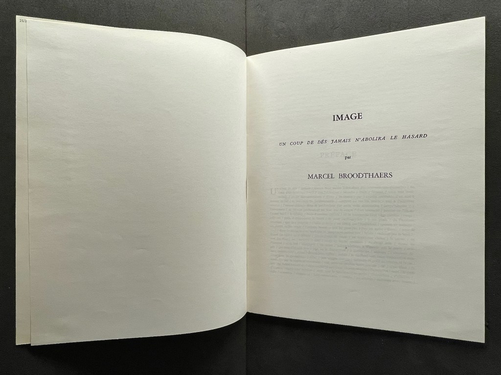 Open book page displaying the title 'IMAGE' and the text 'UN COUP DE DÉS JAMAIS N'ABOLIRA LE HASARD' by Marcel Broodthaers.