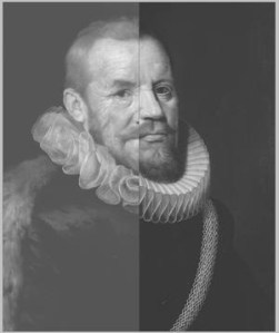A split portrait of a historical figure, showing the left side in a faded white and black style while the right side features a detailed depiction with a ruffled collar and fur embellishments.