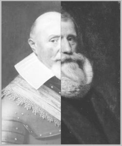 A split portrait of two men; one side features a historical figure in armor with a high collar, while the other side displays a man with a bushy beard and a dark background.