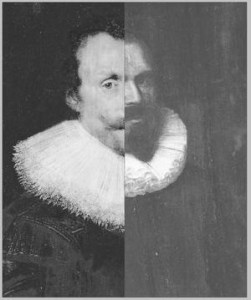 A split portrait featuring a man with a ruffled collar, showing one side in light and the other in shadow, emphasizing contrast.