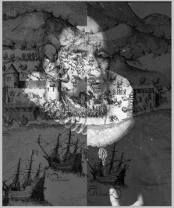 A historical illustration featuring a portrait of a man overlaid with a scene of ships, castles, and a landscape, creating a layered composite image.