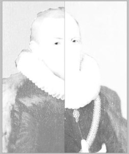 A partially obscured historical portrait featuring a person in a decorative collar and cloak, with one side of the image faded or washed out.
