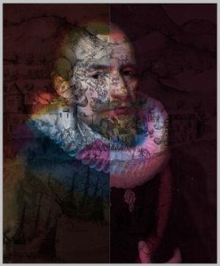 A digitally manipulated portrait of a historical figure, featuring intricate patterns and textures layered over the face and background, including depictions of ships and landscapes.