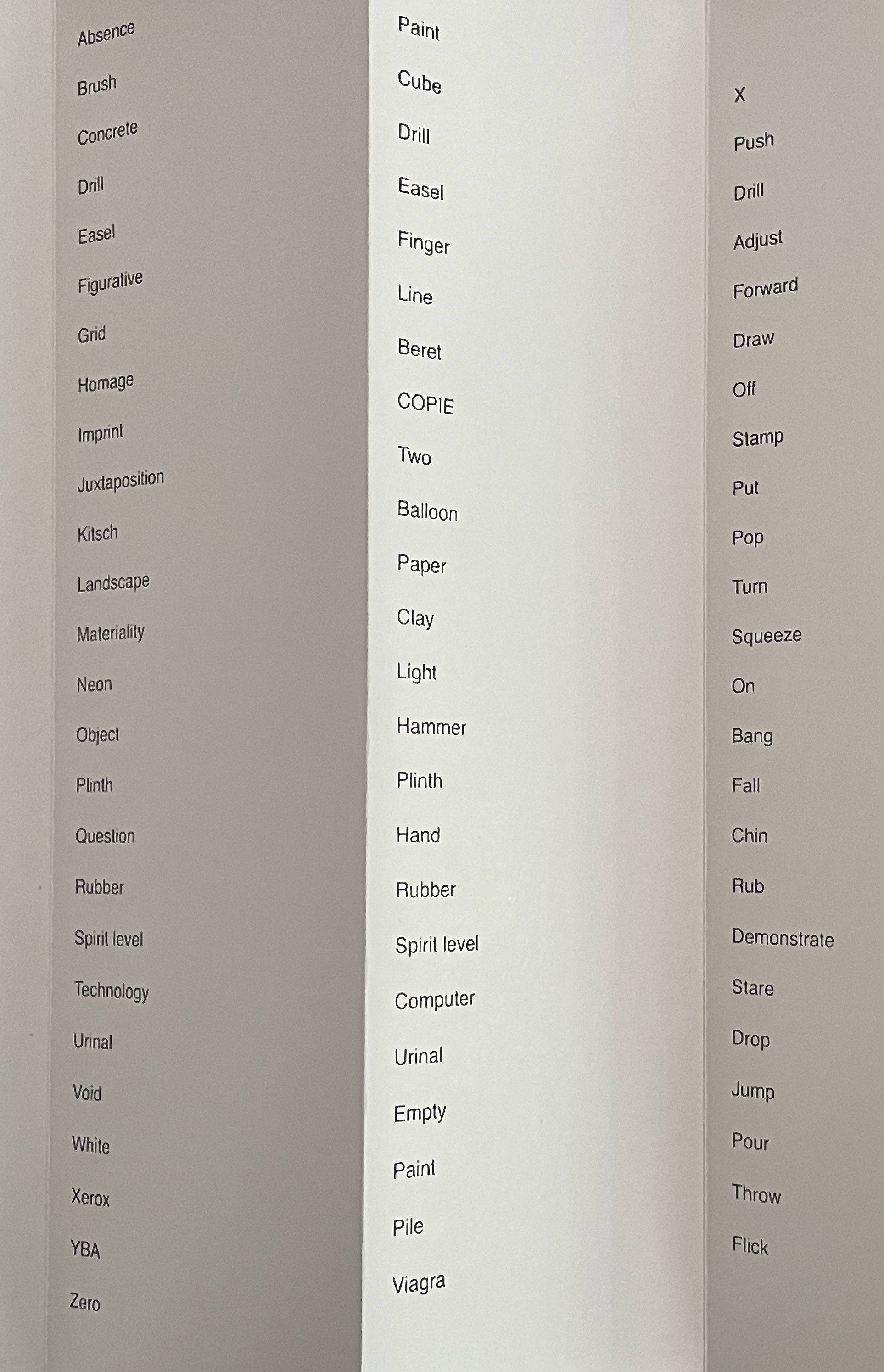A close-up of two columns of text with various words and phrases, including terms related to art and objects, displayed in a vertical orientation.