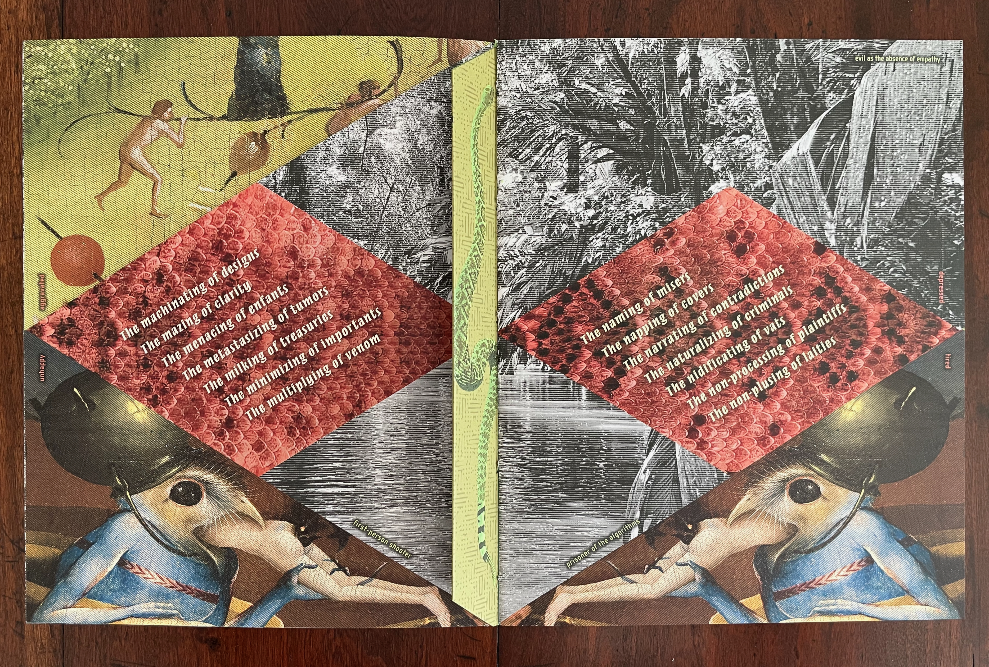 A creative collage featuring various illustrated elements, including figures engaged in action, a tropical background, and text blocks listing various concepts, all arranged in a visually striking layout.