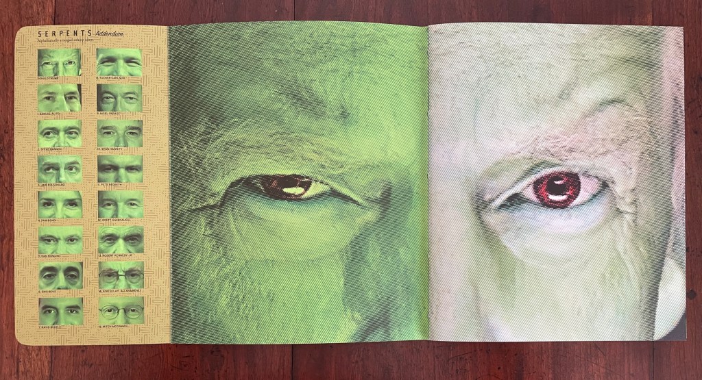 An artistic spread featuring a close-up of a face with a prominent eye, rendered in green hues, alongside a grid of smaller portraits with similar stylized effects.