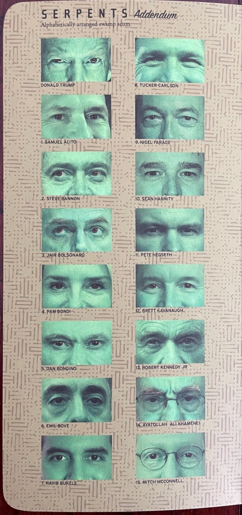 A collage featuring eyes of various political figures, labeled with their names in a grid format, titled 'SERPENTS Addendum.' The individuals are arranged alphabetically, including well-known names like Donald Trump and Tucker Carlson.