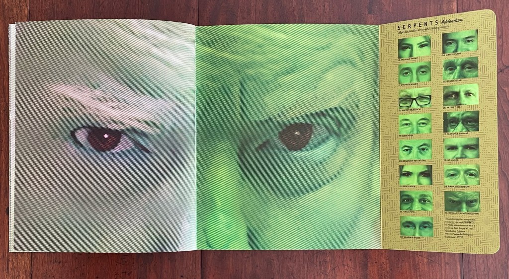 A close-up view of stylized eyes in green ink on a printed page, with a collage of various eye images on the right side.