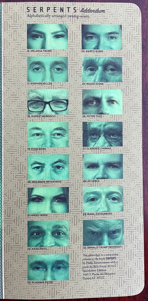 A grid of portraits showing close-up images of various individuals, including eyes and upper faces, with greenish tints. The individuals are listed in an 'Alphabetically arranged swamp scum' format with names like Melania Trump, Marco Rubio, Stephen Miller, and others, suggesting a political theme.