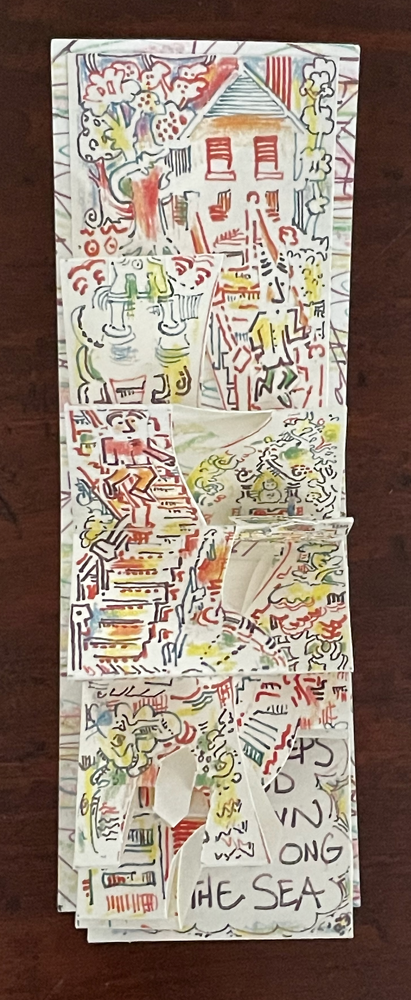A colorful, abstract drawing depicting a house with trees and figures, created on layered paper.