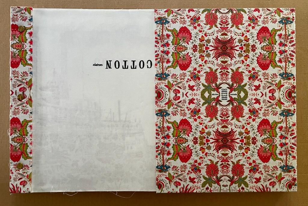 A decorative book cover featuring a colorful floral pattern with red, green, and pink motifs, and the word 'COTTON' printed in black on the left side.