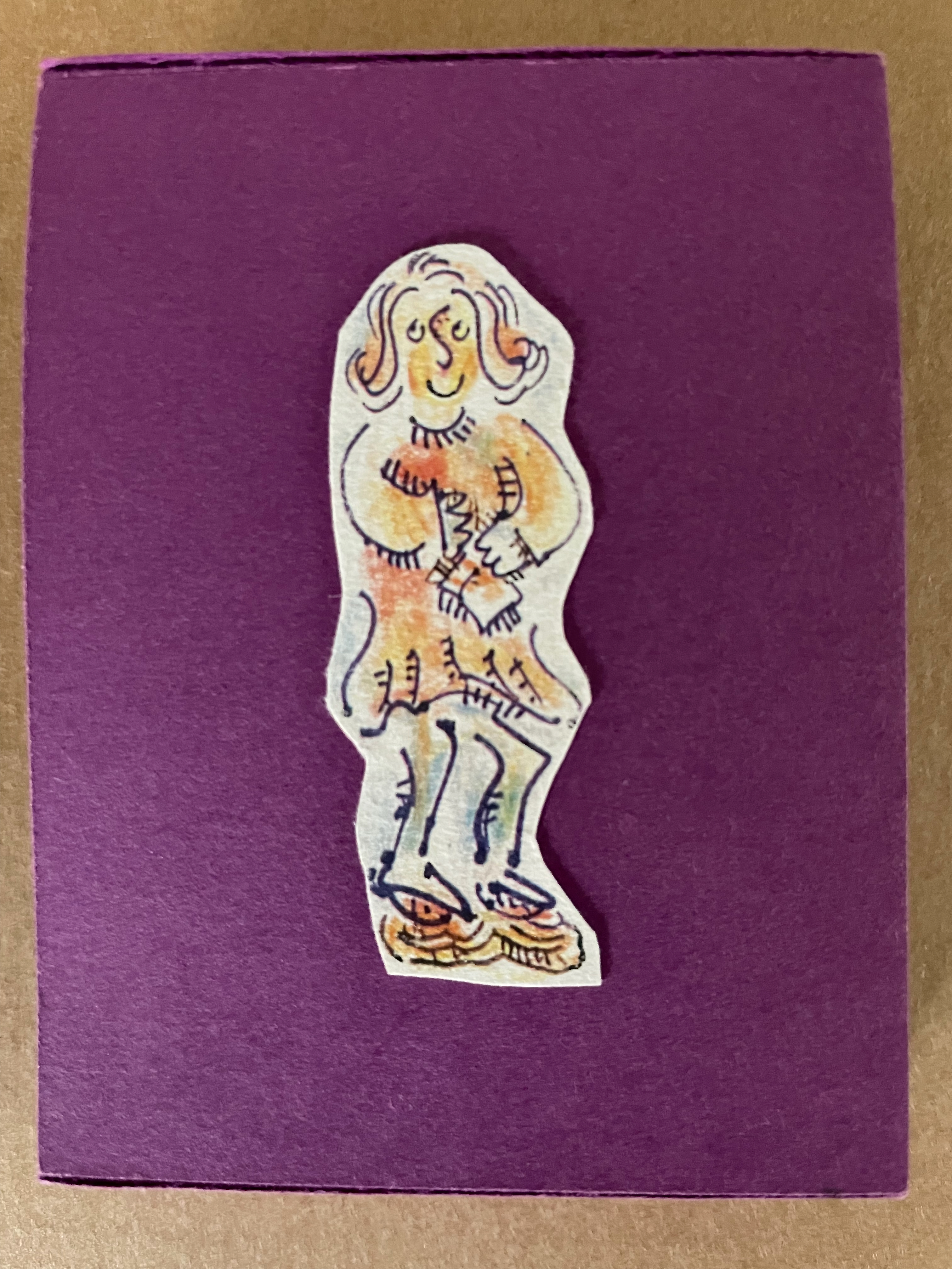 A colorful hand-drawn illustration of a smiling person with long hair, wearing a dress and shoes, placed on a purple background.