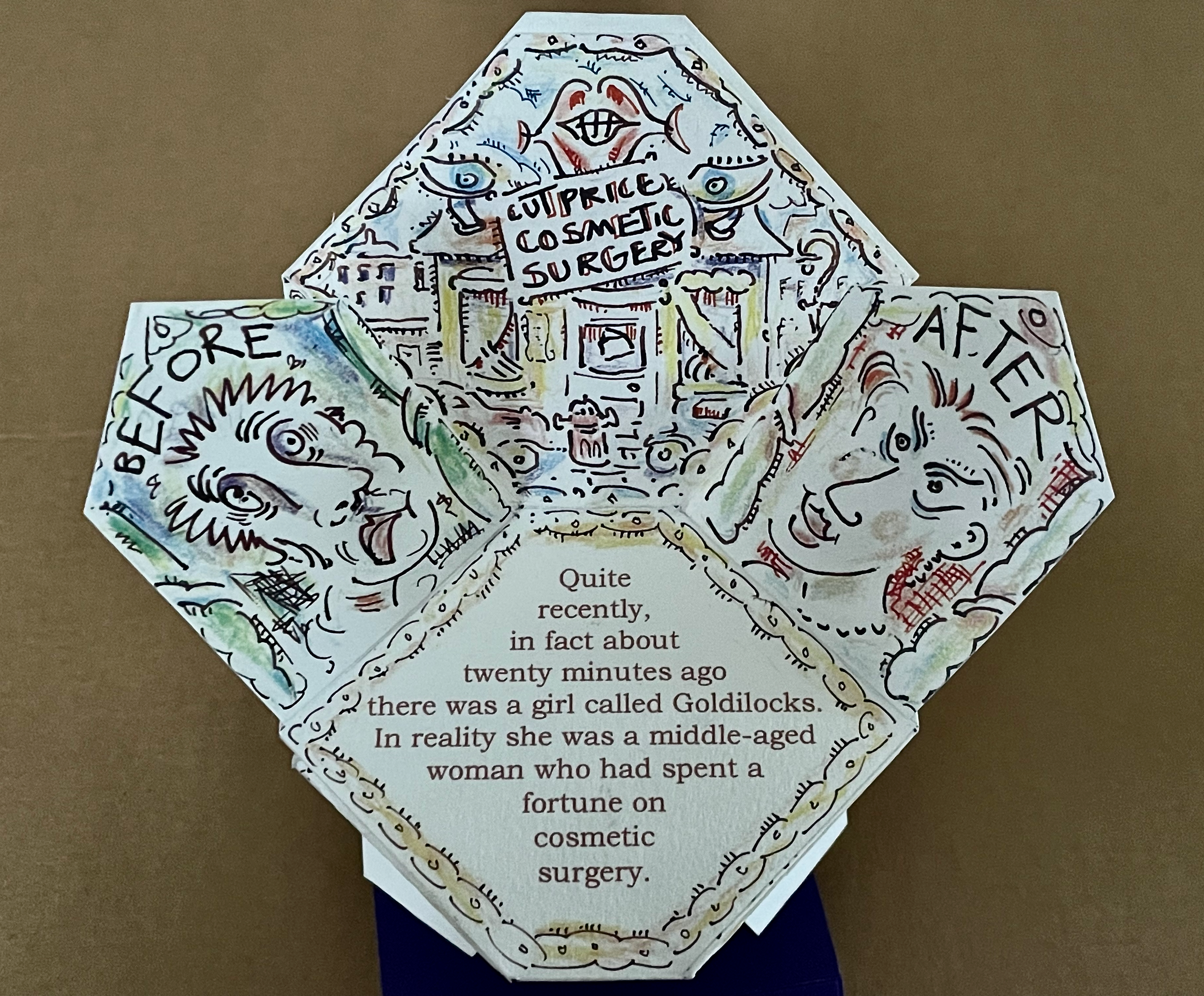 A three-part pop-up card depicting before and after scenarios of cosmetic surgery, with cartoonish illustrations of faces on either side labeled 'BEFORE' and 'AFTER' and the text 'OUTRAGEOUS COSMETIC SURGERY' at the top.