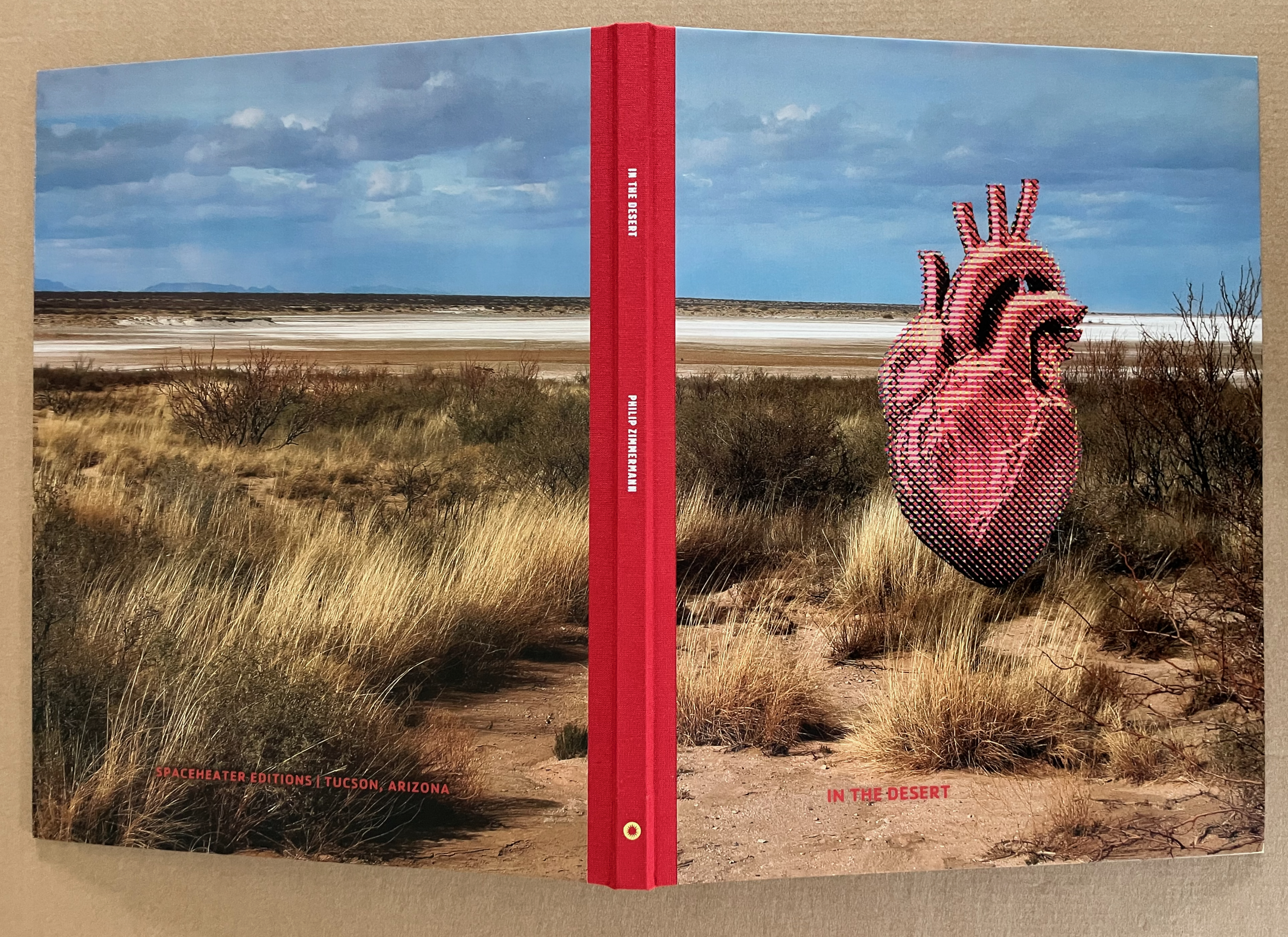 A book cover featuring a large, stylized heart sculpture against a desert landscape with clouds in the sky. The title 'In the Desert' and author's name 'Philip Zimmermann' are prominently displayed.