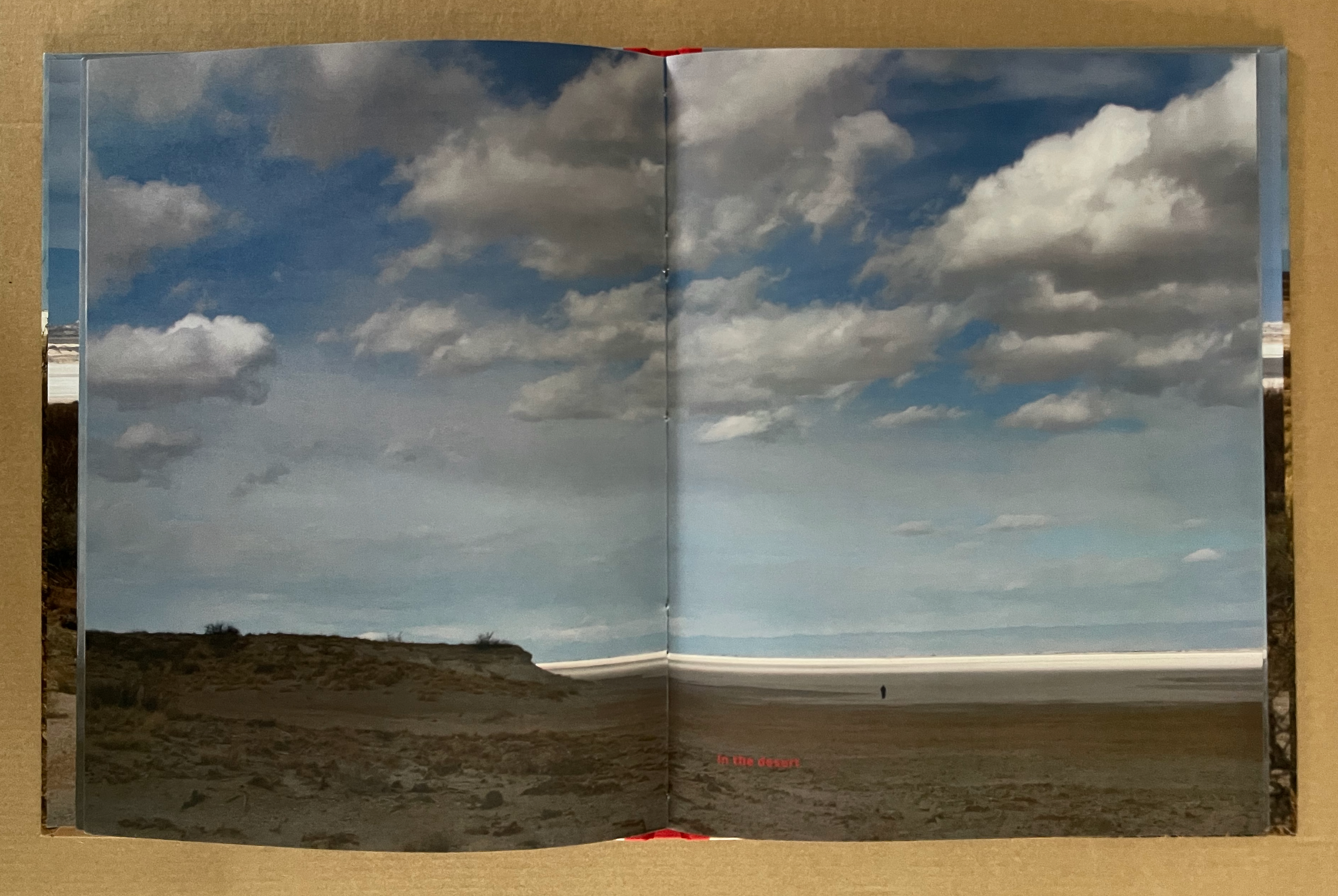 A panoramic view of a desert landscape with a clear sky filled with clouds. In the foreground, a solitary figure stands on the dry, cracked ground. The text 'in the desert' appears in red.