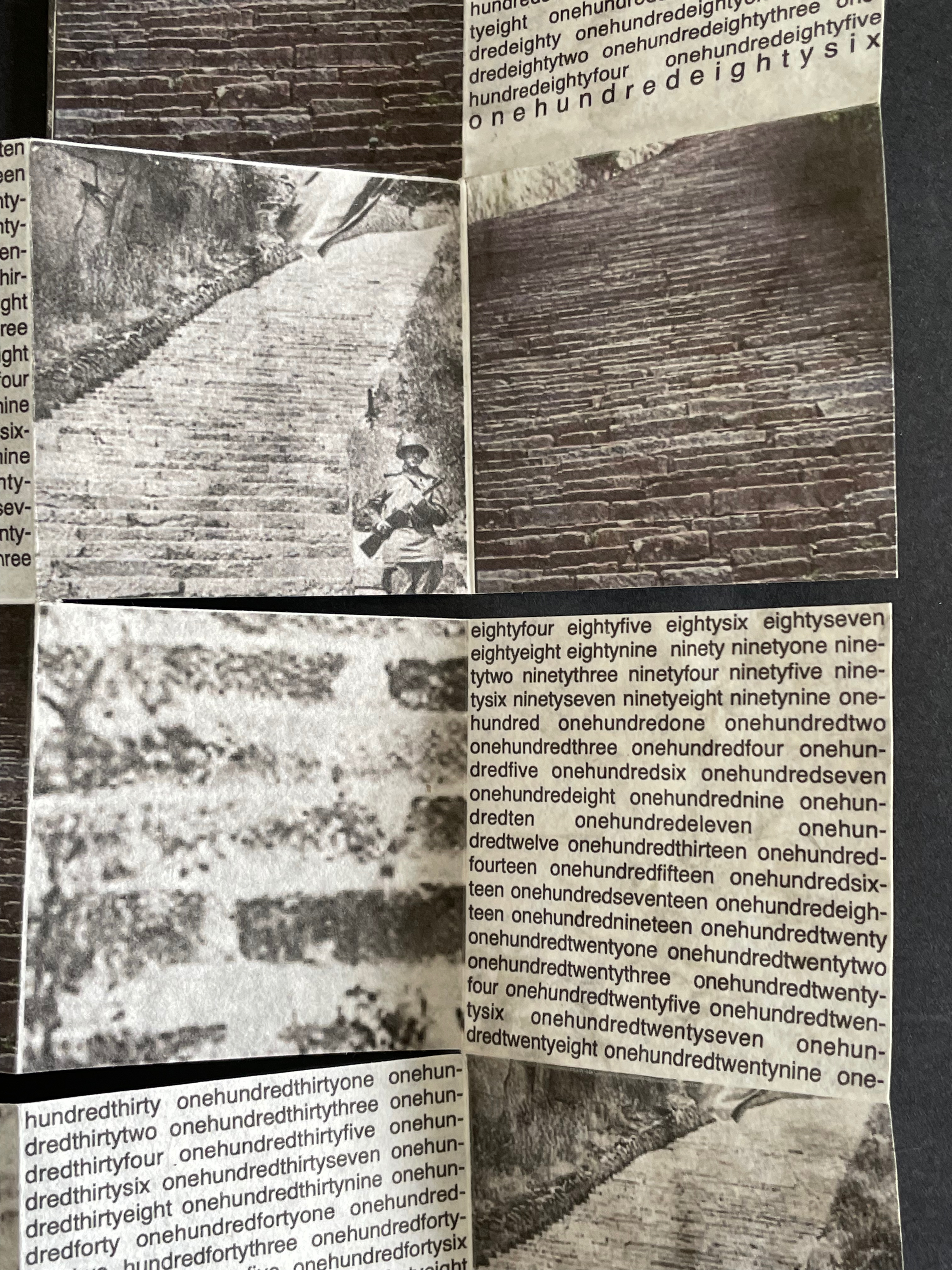 Black and white collage featuring images of stone stairs and a soldier holding a rifle, surrounded by text in a stylized layout.