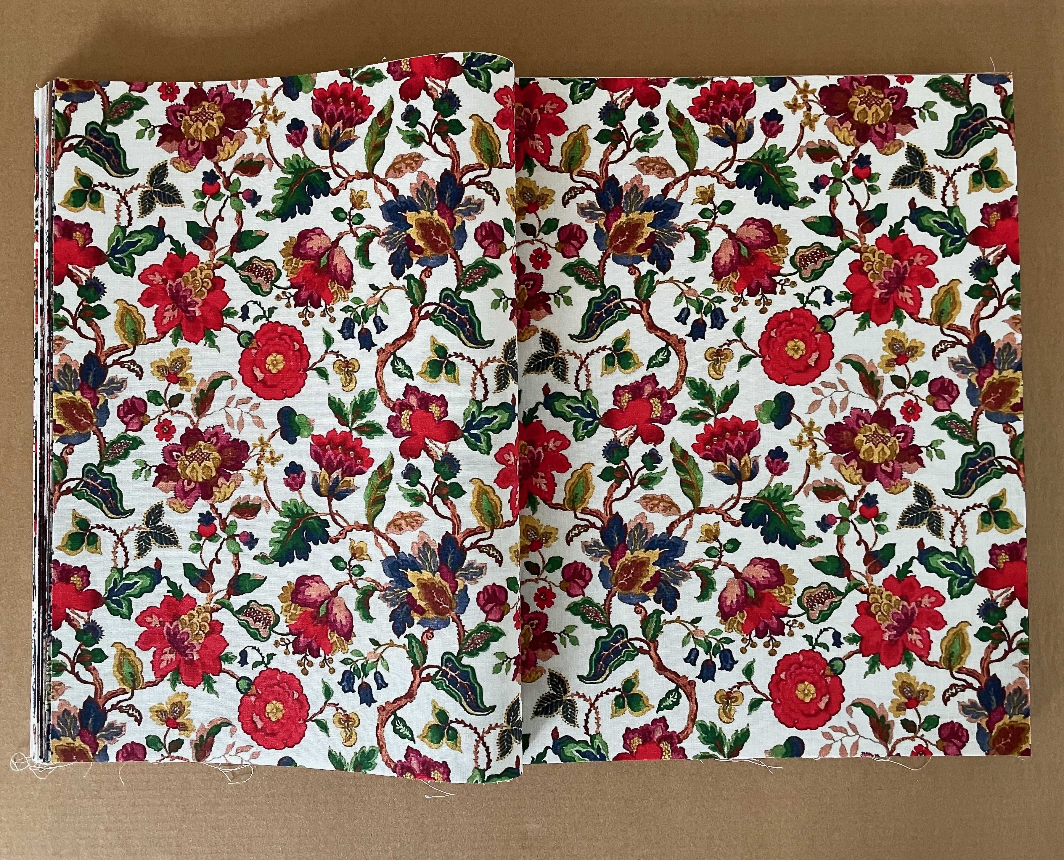 Open book with a floral pattern featuring red, pink, and green flowers on a white background.