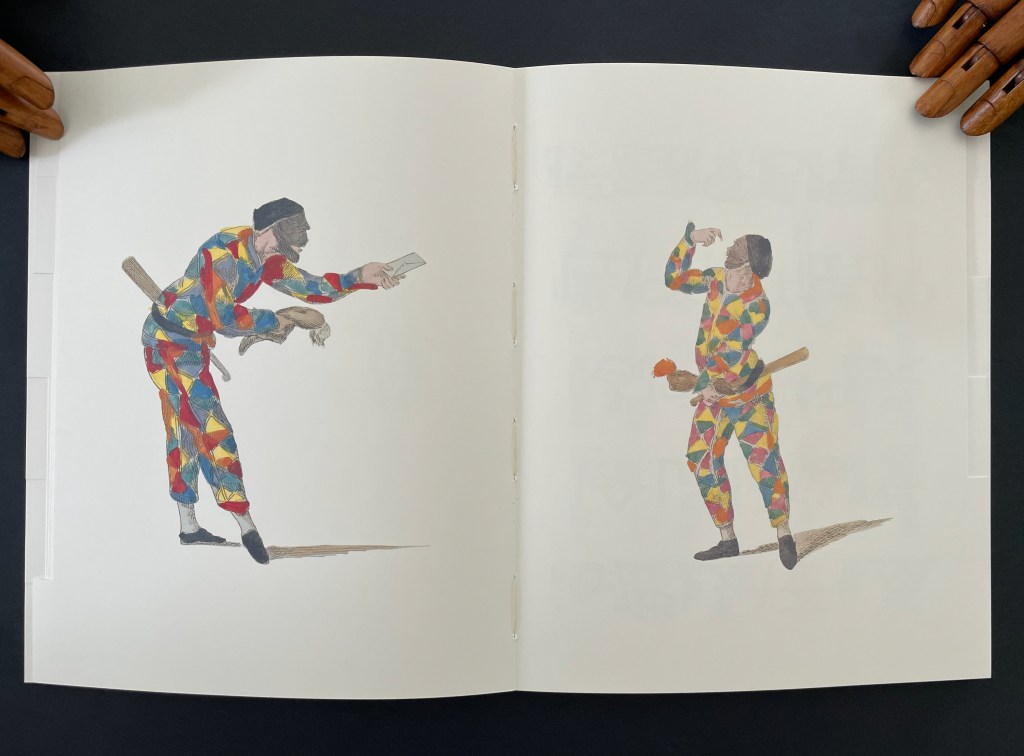 Two figures dressed in colorful harlequin costumes are depicted on an open page. The figure on the left is reaching forward, holding a piece of paper, while the figure on the right stands with a stick, looking upwards, showcasing their vibrant attire.