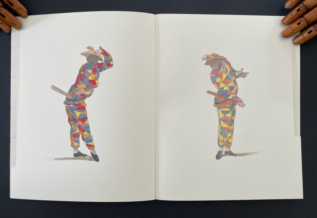 Illustration of two figures dressed in colorful patchwork outfits, one striking a pose with a stick while the other gestures, set against a plain background.