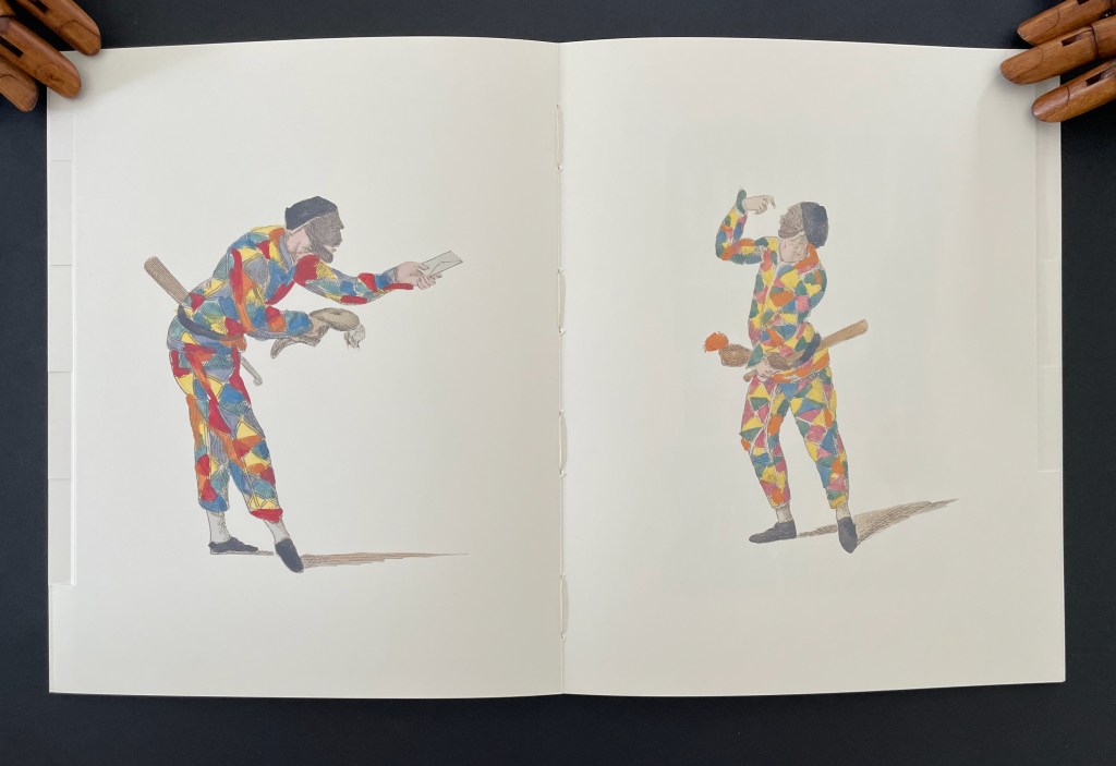 An illustrated spread featuring two colorful circus performers in patterned costumes. The performer on the left is leaning forward, holding a piece of paper, while the performer on the right is standing upright, looking through a small telescope and holding a stick with an orange pom-pom.