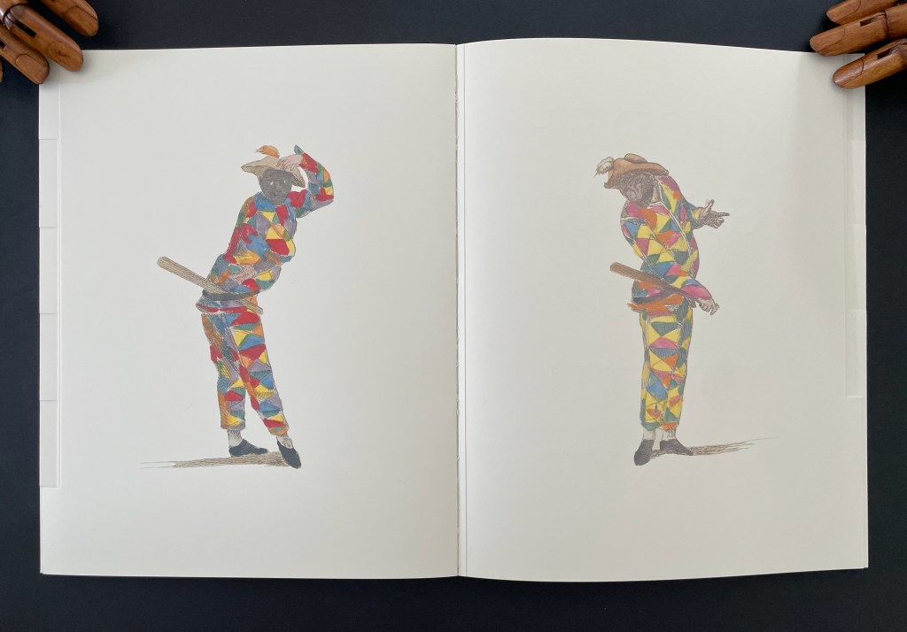 Illustration of two figures in colorful, geometric-patterned outfits, posed with playful expressions. Each figure holds a stick and wears a hat, with one figure looking upwards and the other gesturing with an outstretched arm.