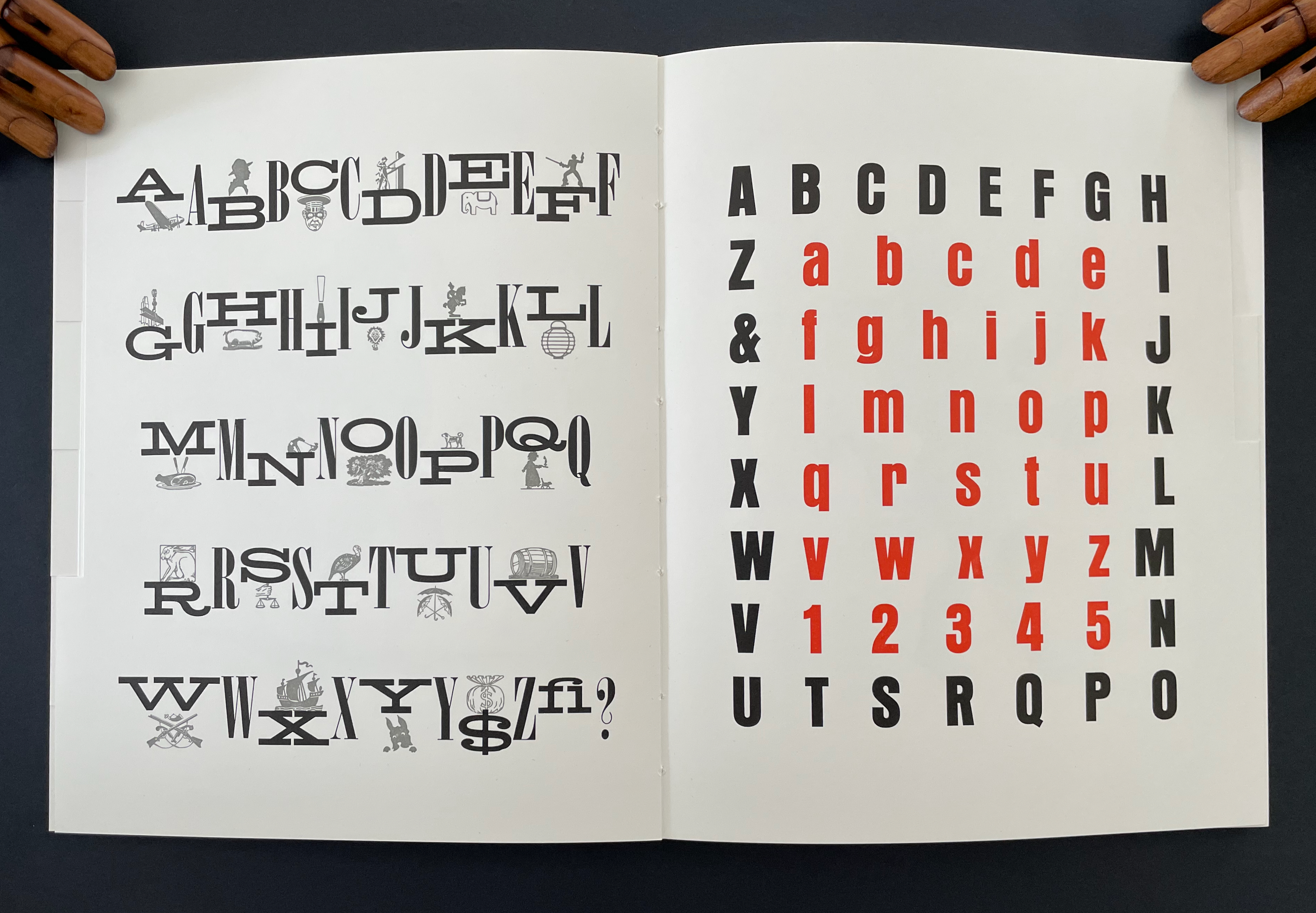 A two-page spread featuring a creative and artistic representation of the alphabet with illustrated letters on the left and a bold typographic layout in red and black on the right.
