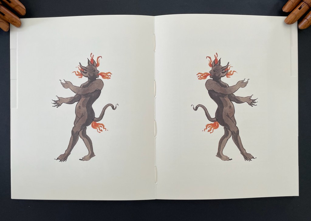 An illustrated figure of a mythical creature with horns and flames, depicted in a dynamic pose. The creature has a human-like body with a dark color and reddish hair-like flames around its head.