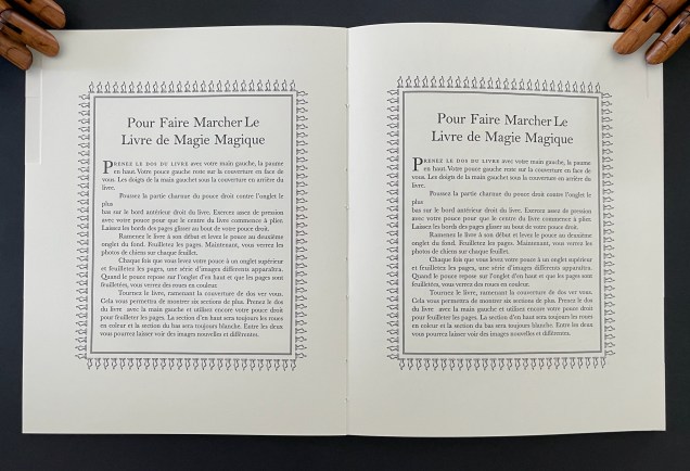Open pages of a book titled 'Pour Faire Marcher Le Livre de Magie Magique,' featuring text written in French, surrounded by decorative borders.