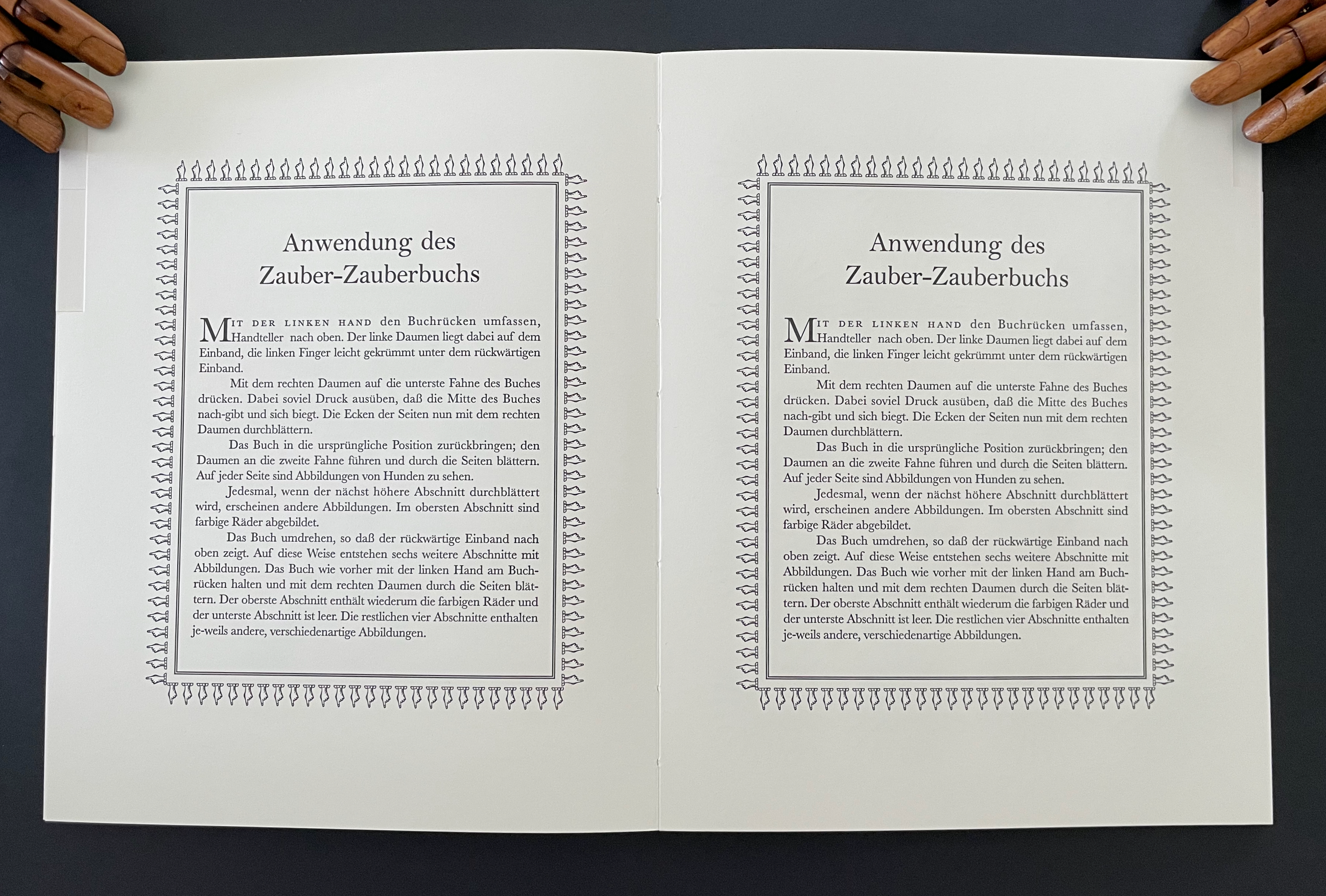 Open book pages displaying instructions in German on how to use a magical book, with decorative borders and text blocks.
