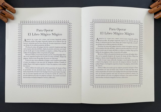 Open pages of a book titled 'Para Operar El Libro Mágico', featuring detailed instructions in Spanish, surrounded by decorative borders.
