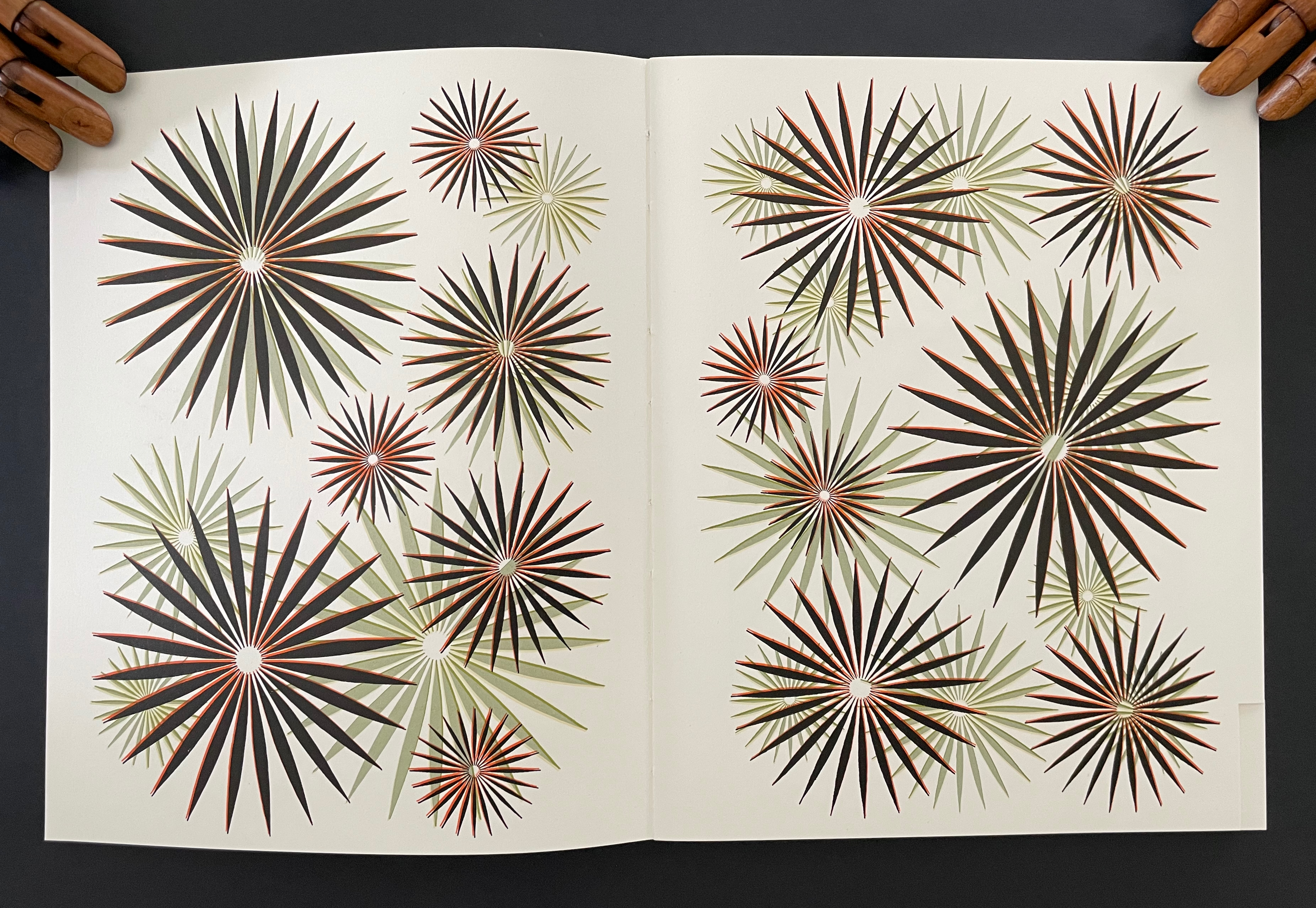 An open book displaying vibrant starburst patterns in various colors including black, green, and red against a light background.